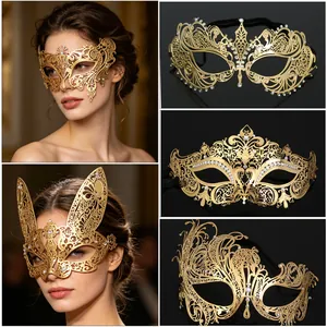Masquerade Mask Gold Hollow Metal Rhinestone Half Face Venetian Style For Halloween Party Prom Women