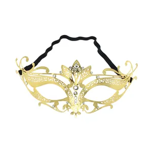 Elegant golden metal filigree masquerade mask with rhinestones and elastic band for parties