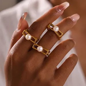 Square Geometric Hollow Open Ring Stainless Steel Artificial Pearl 18K Gold Plated Adjustable Jewelry For Women