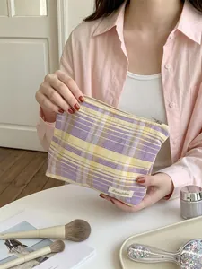 Fresh purple and yellow plaid checkered makeup bag with large capacity for travel