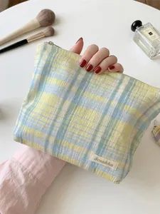 Large capacity yellow and blue plaid canvas cosmetic bag for travel toiletries storage