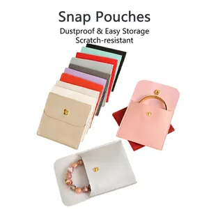 Jewelry Packaging Pouch Velvet PU Leather Snap Button Small Gift Bags Microfiber Storage Organizers Portable Mini Envelope Style