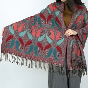 Châle Jacquard Paisley Ethnique Rétro pour Femmes Hiver Chaud Écharpe Épaisse à Glands Poncho Cape de Voyage
