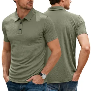 Men's mesh seersucker short-sleeve polo shirt in sage green shown front and back.