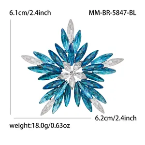 Elegant blue snowflake brooch with marquise crystals showing exact size and weight specs