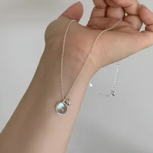S925 Sterling Silver Sea Blue Round Glass Pendant Necklace For Women French Light Luxury Ins Minimalist Clavicle Chain Jewelry
