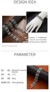 Detailed view of vintage Bohemian turquoise bracelets with product specifications and model shot.