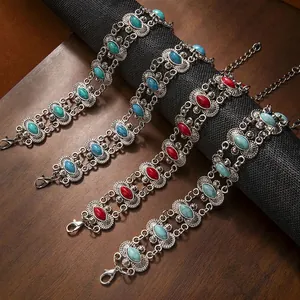 Vintage Bohemian Turquoise Bracelet Alloy Retro Ethnic Style Bangle For Women Luxury Jewelry Gift