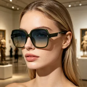 Detailed close-up of stylish women's oversized green frame polarized sunglasses