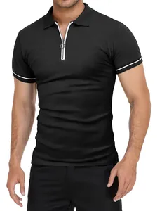 Close-up of men's slim fit black polo shirt with white zipper collar detail