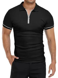 Slim fit black men's polo shirt with silver zipper detail and white sleeve piping