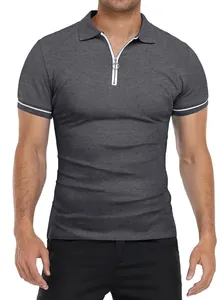 Front view of a men's slim fit dark grey polo shirt with zipper collar and white trim.