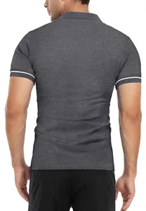 Detailed back view of a slim fit men's grey short sleeve polo shirt with white striped cuffs