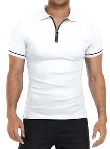 Men's slim fit short sleeve zip-up Polo shirt in white with black stripes on cuffs