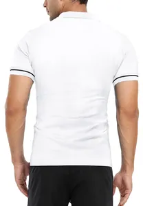Back view of a white slim fit polo shirt with black striped cuffs for men