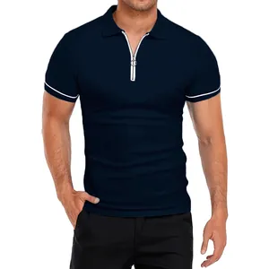 Detailed view of navy blue men's slim fit polo shirt featuring a stylish zipper collar