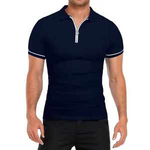 Men's slim fit navy blue polo shirt with short sleeves and white tipped zipper neck