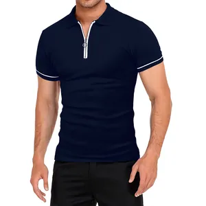 Close-up detail of navy blue slim fit men's polo shirt with white trim and zipper collar