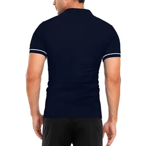 Back view of a slim fit men's navy blue polo shirt with white stripe detailing.