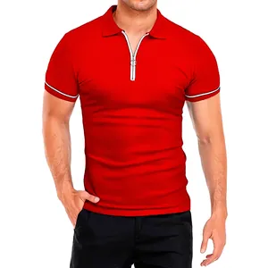 Close-up of red men's slim fit polo shirt featuring a white zipper and collar detail