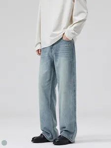 Herren Washed Hellblau Weites Bein Gerade Denim Jeans Distressed Katzenbart Vibe Stil Lockere Passform Casual Baumwolle Hose