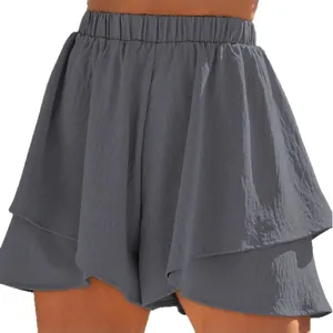 Fashionable women's grey layered elastic high waist casual shorts skirt culottes