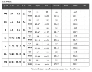 Tableau des tailles détaillé pour veste décontractée avec tailles US UK EU incluses