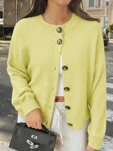 Cardigan en tricot vert citron élégant pour femme avec boutons et manches longues