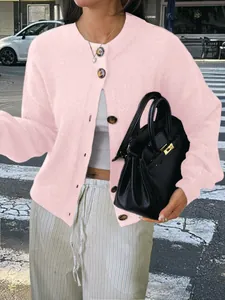 Cardigan en maille rose décontracté à boutons et manches longues pour femmes style