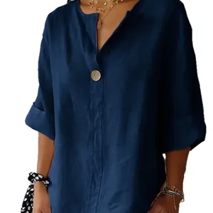 Elegant women's loose V-neck cotton linen blouse in navy blue with button detail