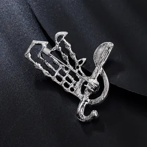 Detailed back view of a silver musical note brooch showing its secure metal pin mechanism