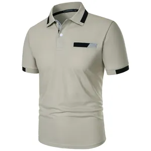 Detailed view of a khaki men's slim fit polo shirt with black contrast collar and cuff