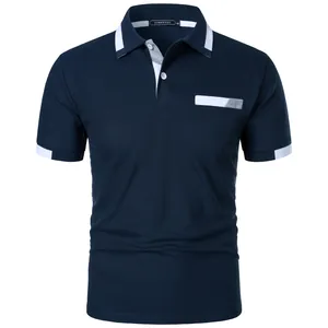 Detailed close-up showing the contrast collar and pocket of a navy blue polo shirt