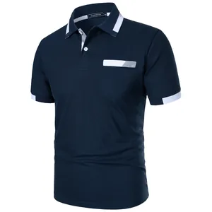 High-quality detailed view of navy blue slim fit men's polo shirt with contrast collar