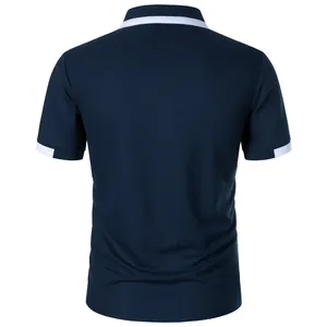 Back view of navy blue slim fit men's polo shirt with stylish white contrast trim