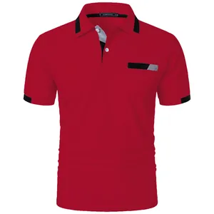 Red men's slim fit polo shirt with black and grey color-blocked collar and cuffs