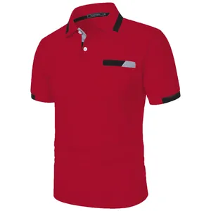 Men's slim-fit red polo shirt with contrast black and grey collar and cuff details