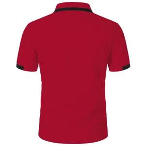 Back view of a classic red men's polo shirt with black collar and cuff trim