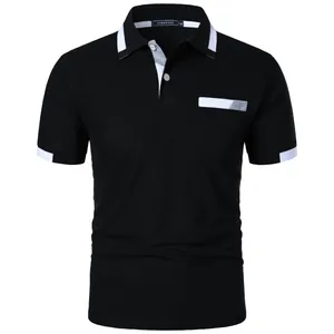 Close-up of men's black polo shirt showing white contrast collar and chest pocket detail