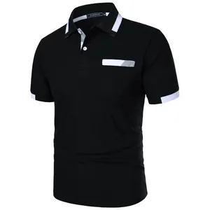 Close-up of a premium men's slim fit black polo shirt featuring white contrast trim