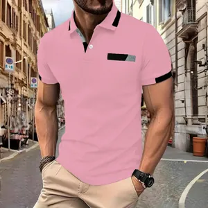 Detailed view of a men's pink slim fit polo shirt featuring black contrast collar details