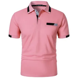 Detailed front view of a slim fit men's pink short-sleeve Polo shirt with collar