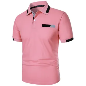 Detail view of pink men's slim fit polo shirt with black and grey collar accents