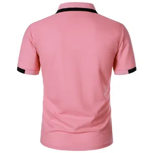 Back view of a pink men's slim fit polo shirt featuring contrasting black trim details
