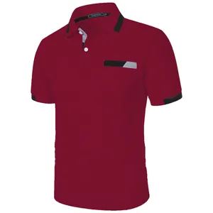 Detailed front view of wine red men's slim fit polo shirt with contrast collar trim