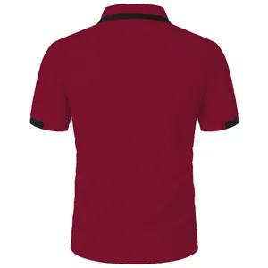 Back view of a men's slim-fit maroon polo shirt with black collar and sleeve cuff trim.