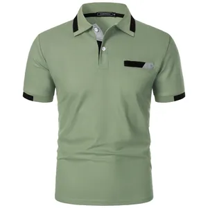 Detail view of a slim-fit olive green men's Polo shirt featuring black contrast trim