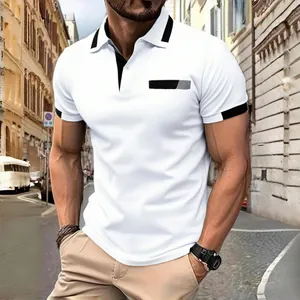 Detailed close-up of men's slim fit white polo shirt with black contrast collar and pocket.