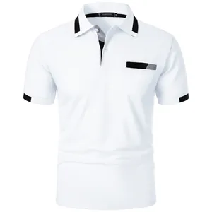 Slim fit men's white short sleeve polo shirt with black contrast collar and pocket