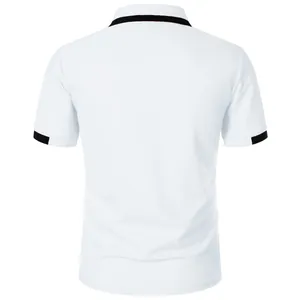 Professional back view of a white slim-fit men's polo shirt featuring black contrast trim.